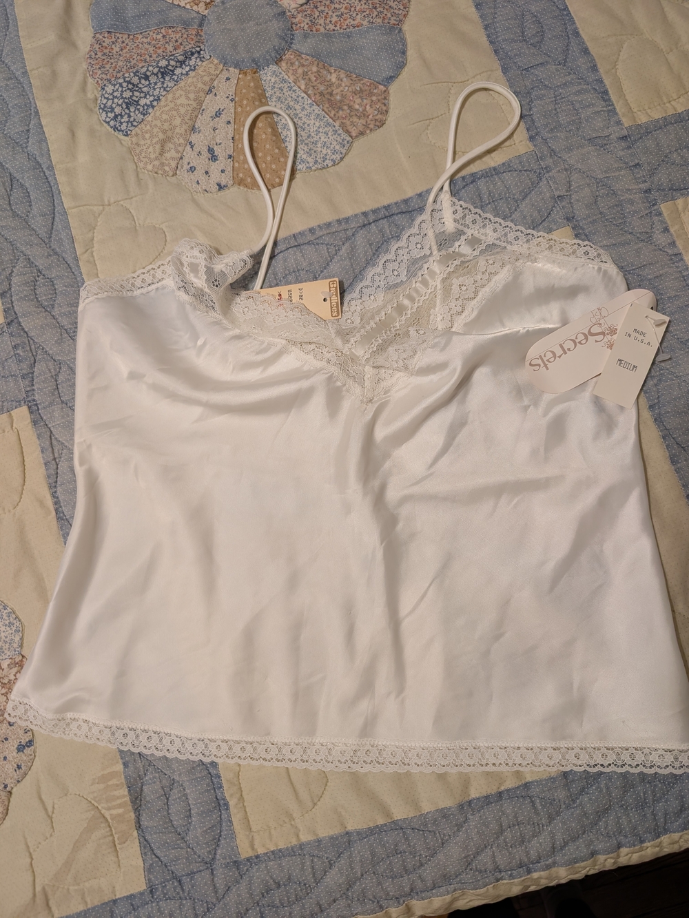 NWT Vintage 80s 90s White Satin Lace Camisole Top Size M Made in USA